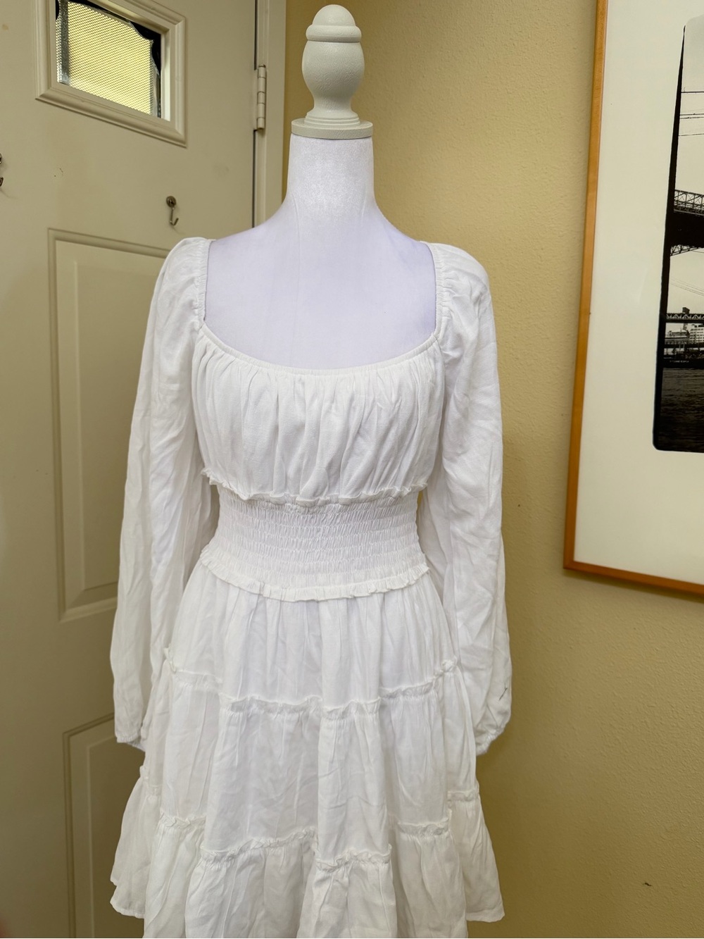 Trixxi White Long-Sleeve Smocked Waist Tiered Dress Size Large - Picture 3 of 6
